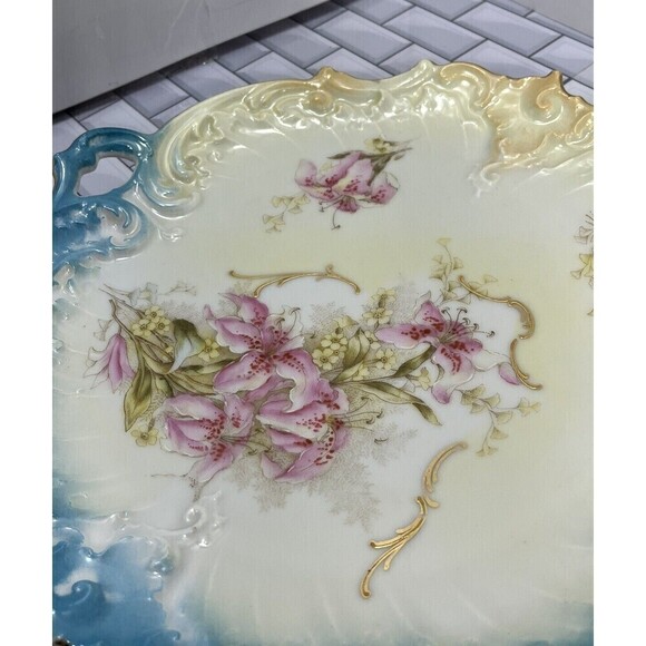 Handpainted Bavarian German Pink Lillies Porcelain Round Serving Tray 4200/55 - Picture 7 of 15